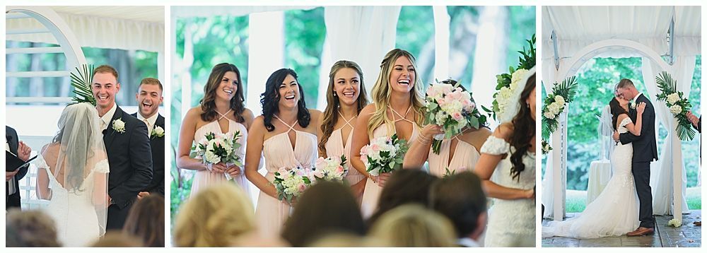 Wedding ceremony: Bride walks down aisle, bridesmaids smile, couple kisses under arch.