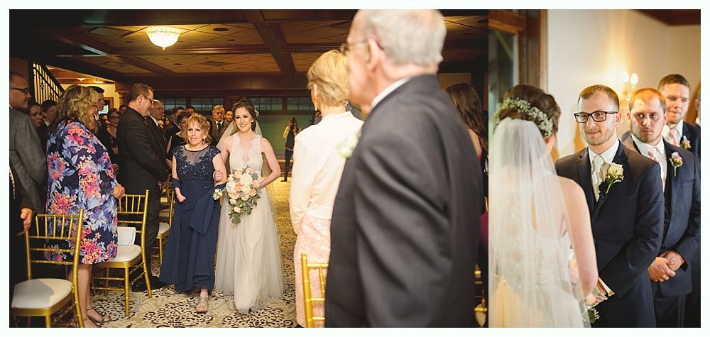 Bride walking down the aisle with her father and bridesmaids at a wedding ceremony.