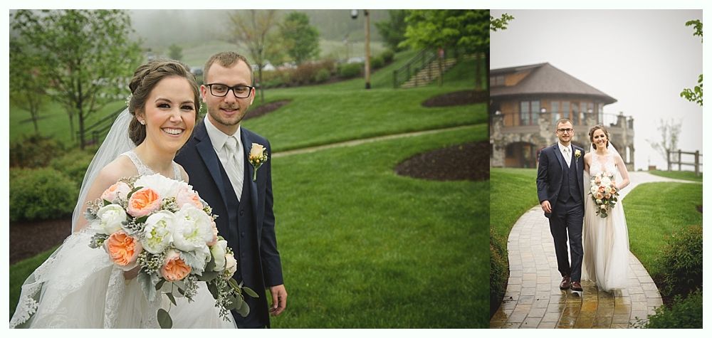 Wedding couple smiling, posing on a grassy hillside.