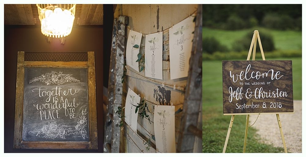 Three rustic wedding signs: chalkboard with quote, seating chart, and welcome sign on easel.