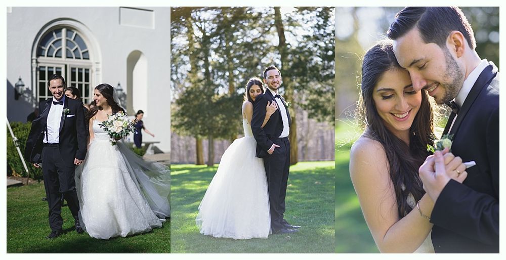 Wedding photos: Couple in formal attire, walking, smiling, embracing outdoors.