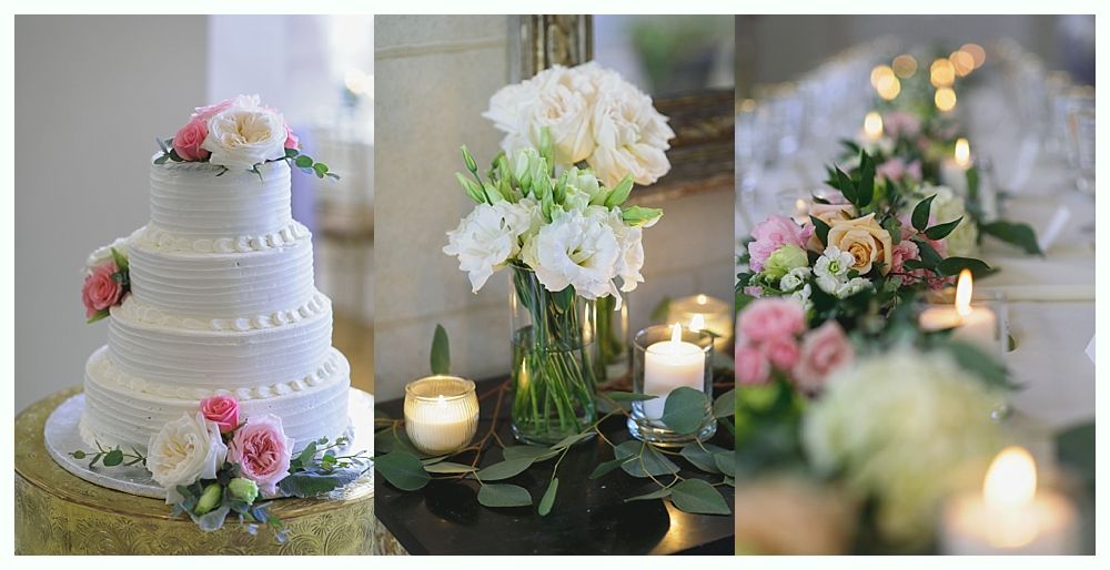 Wedding decor featuring cake, floral arrangement, and table setting with candles and flowers.