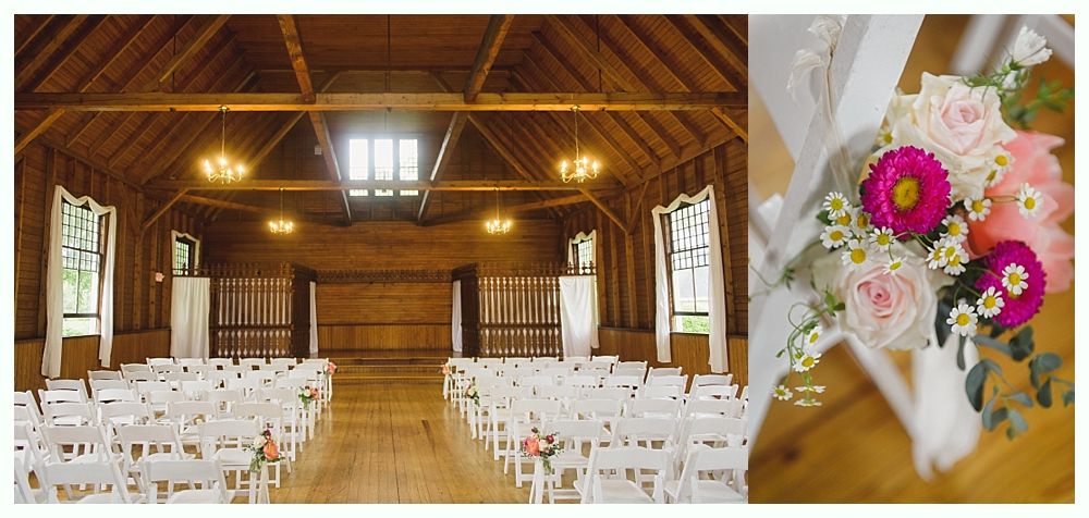 Bride walks down aisle with father at a wedding ceremony in a rustic venue. Guests watch.