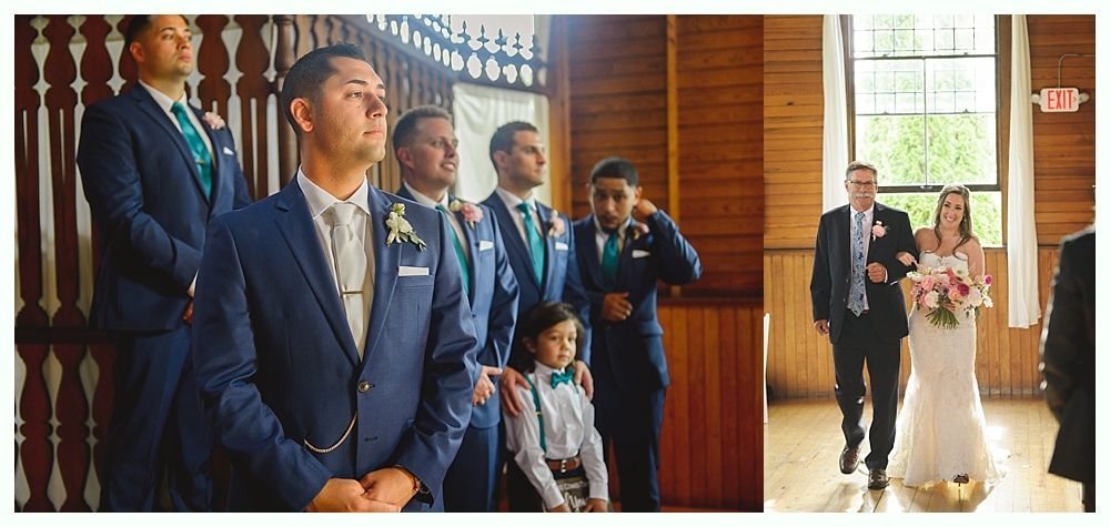 Wedding ceremony with bride, groom, and bridal party indoors.