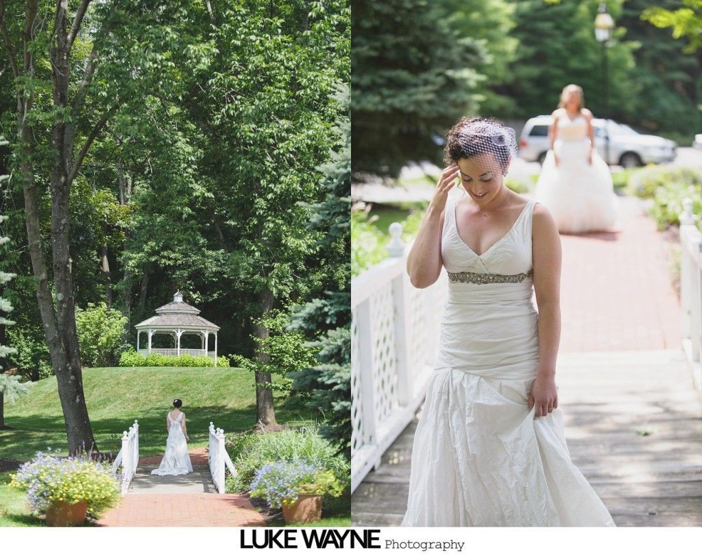 Bride walks towards a gazebo on a sunny day.