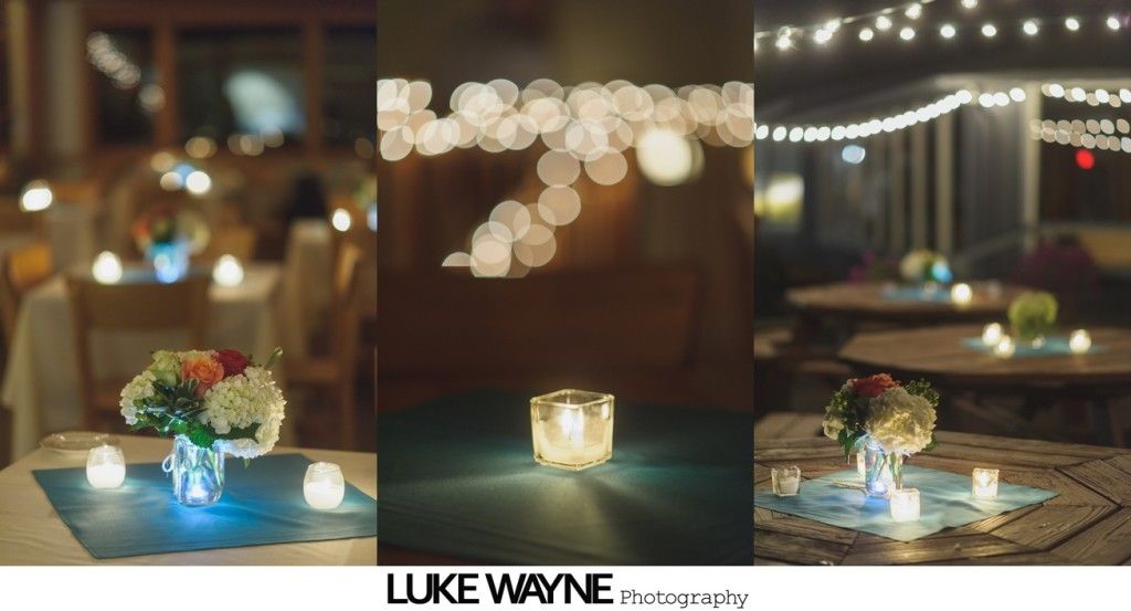 Three-panel image: candles and floral centerpieces on tables in a softly lit, decorated event space.