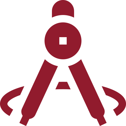 A maroon icon of a drafting compass, centered and symmetrical, on a white background.