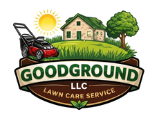 GOODGROUND LLC lawn care service logo with red mower, house, tree, and sun over green grass