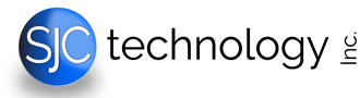 A blue and white logo for sjc technology inc.
