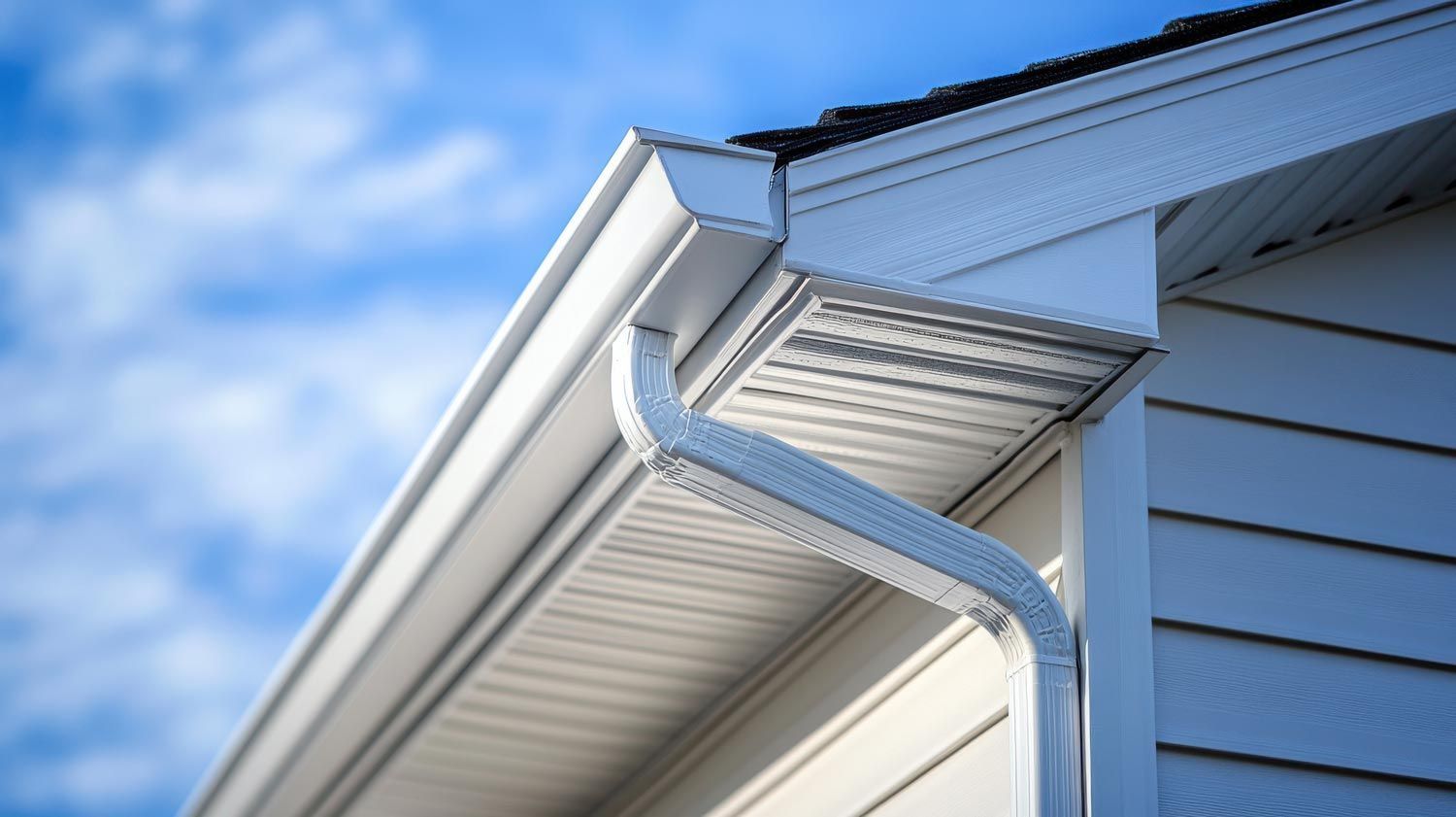 White house gutter and downspout under a blue sky on the roof edge White house gutter and downspout under a blue sky on the roof edge