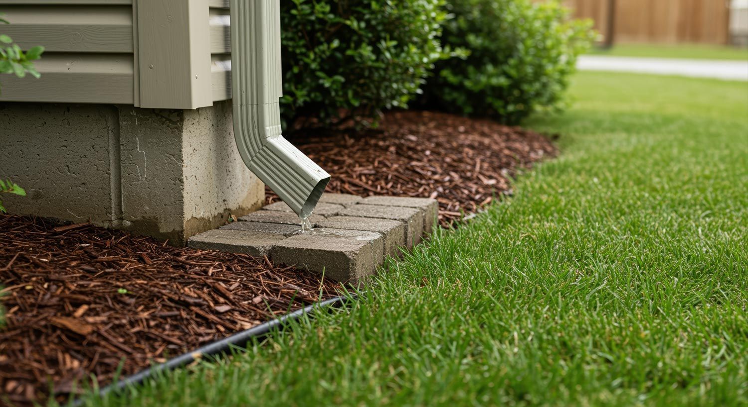 House downspout draining onto a brick splash block beside a green lawn and mulch bed