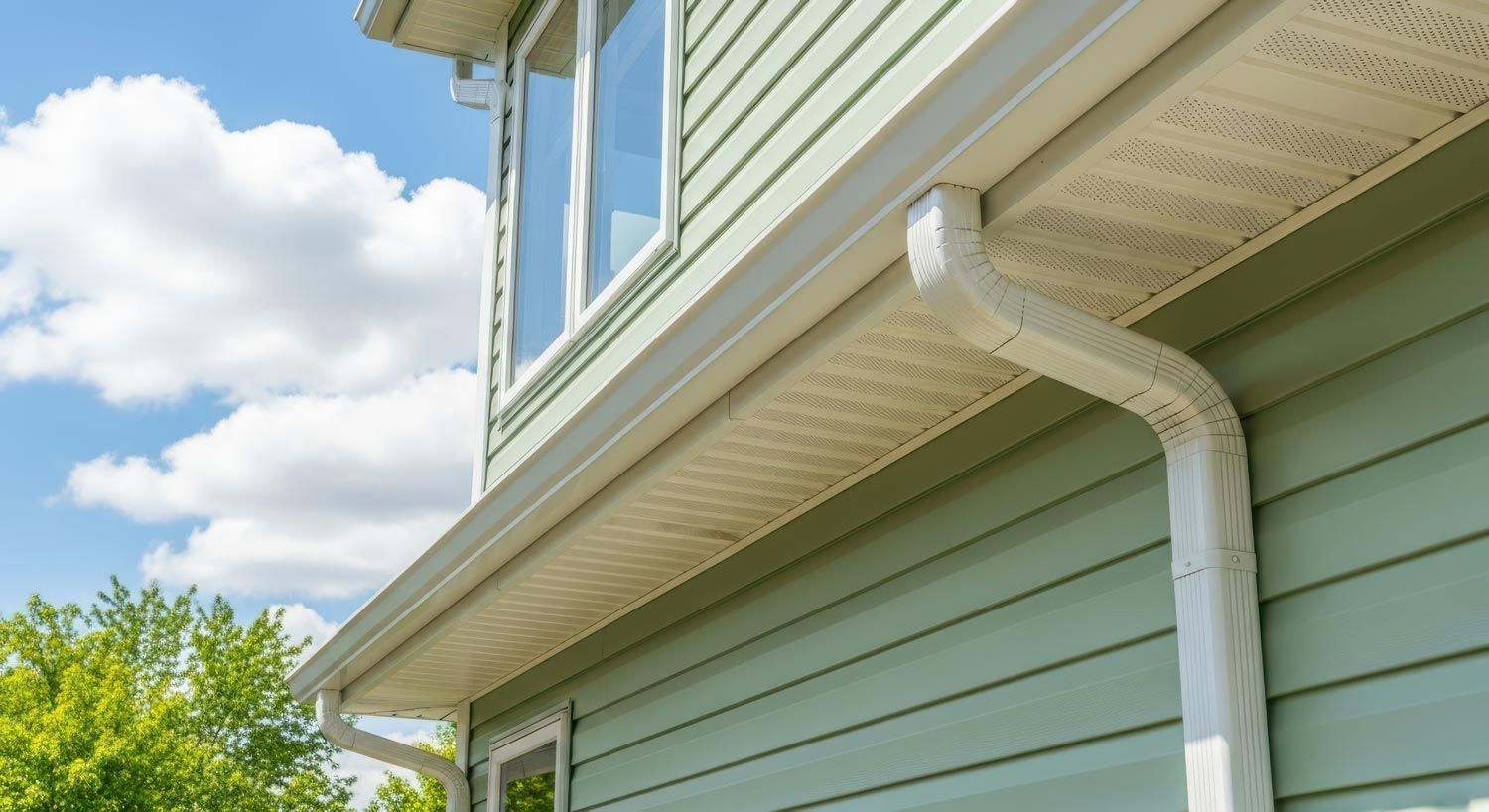 White gutter and downspout on a pale green house under blue sky with clouds White gutter and downspout on a pale green house under blue sky with clouds