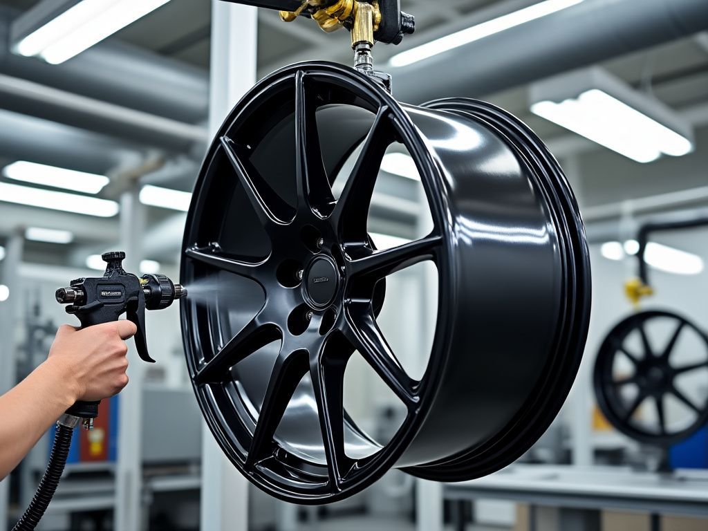 A person spray-painting a glossy black car wheel in a workshop with bright lights.
