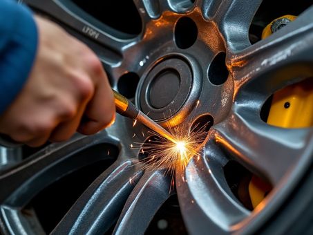 Person welding a gray car wheel, sparks flying. Yellow brake caliper visible.