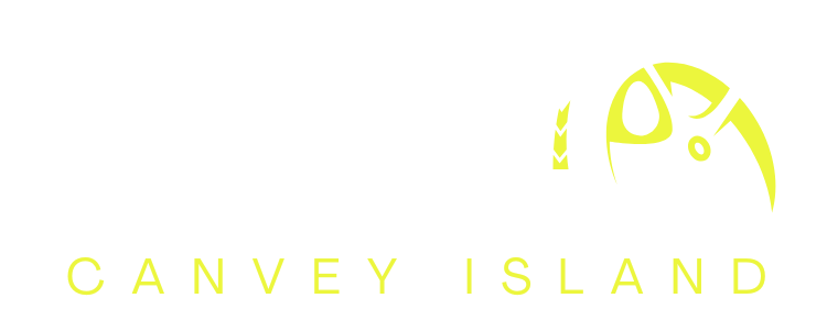 Canvey Island logo with a stylized bird in yellow on a white background.
