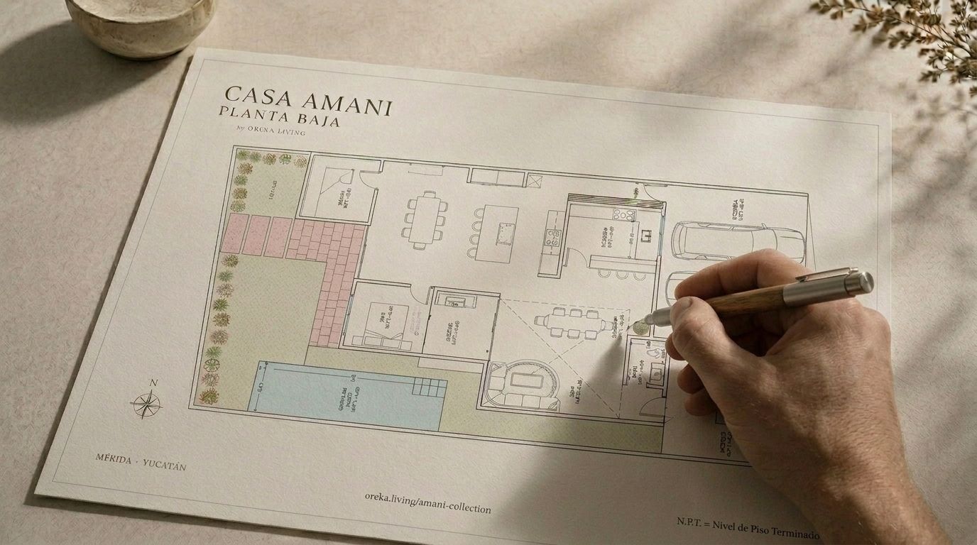 Revisión de planta arquitectónica de Casa Amani como parte del proceso de preventa y acompañamiento de Oreka Living