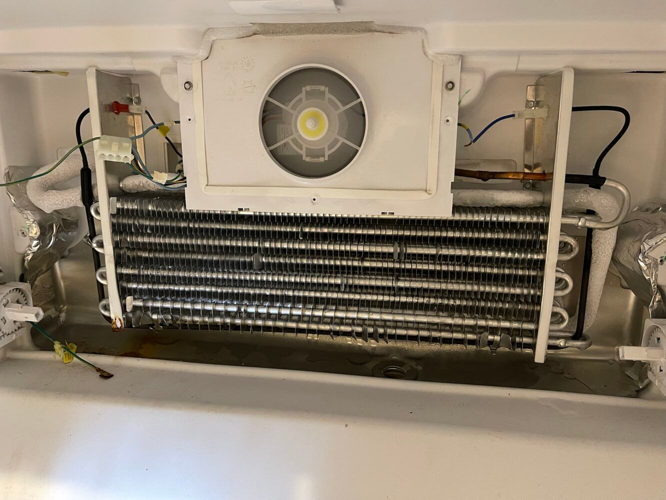 The inside of a refrigerator with a fan on top of it.