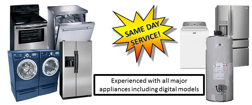 A collage of appliances with a star that says same day service