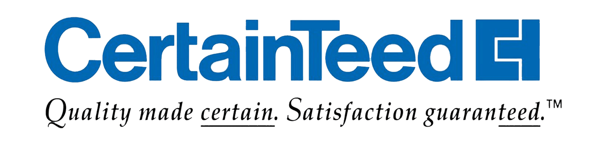 CertainTeed logo with blue text and a blue square emblem; tagline: 