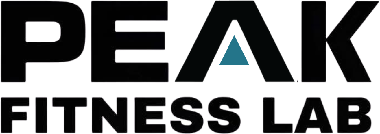 PEAK FITNESS LAB logo in bold black and teal text on a white background