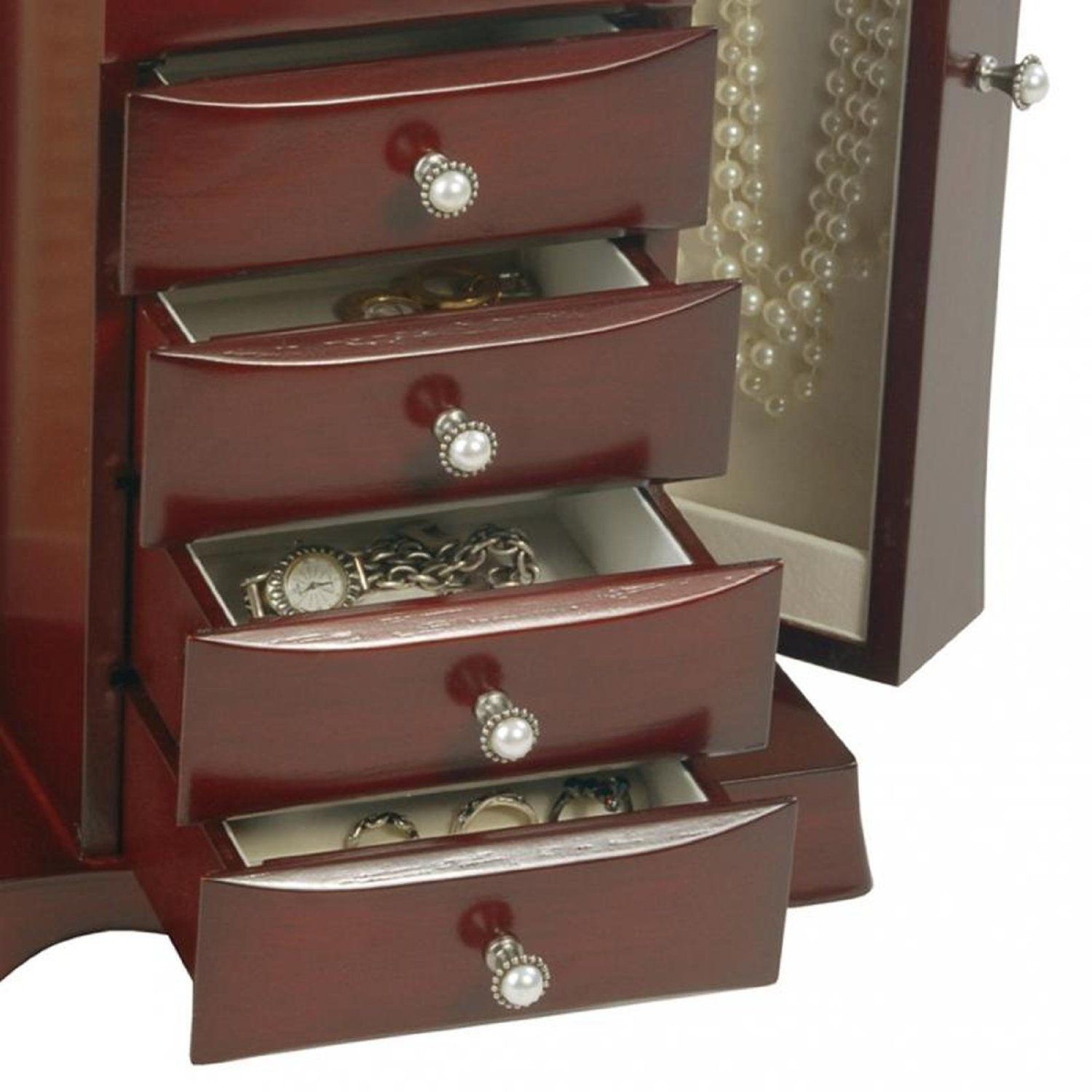 4-Drawer Jewelry Box in Cherry / Mahogany Wood Finish - FREE SHIPPING