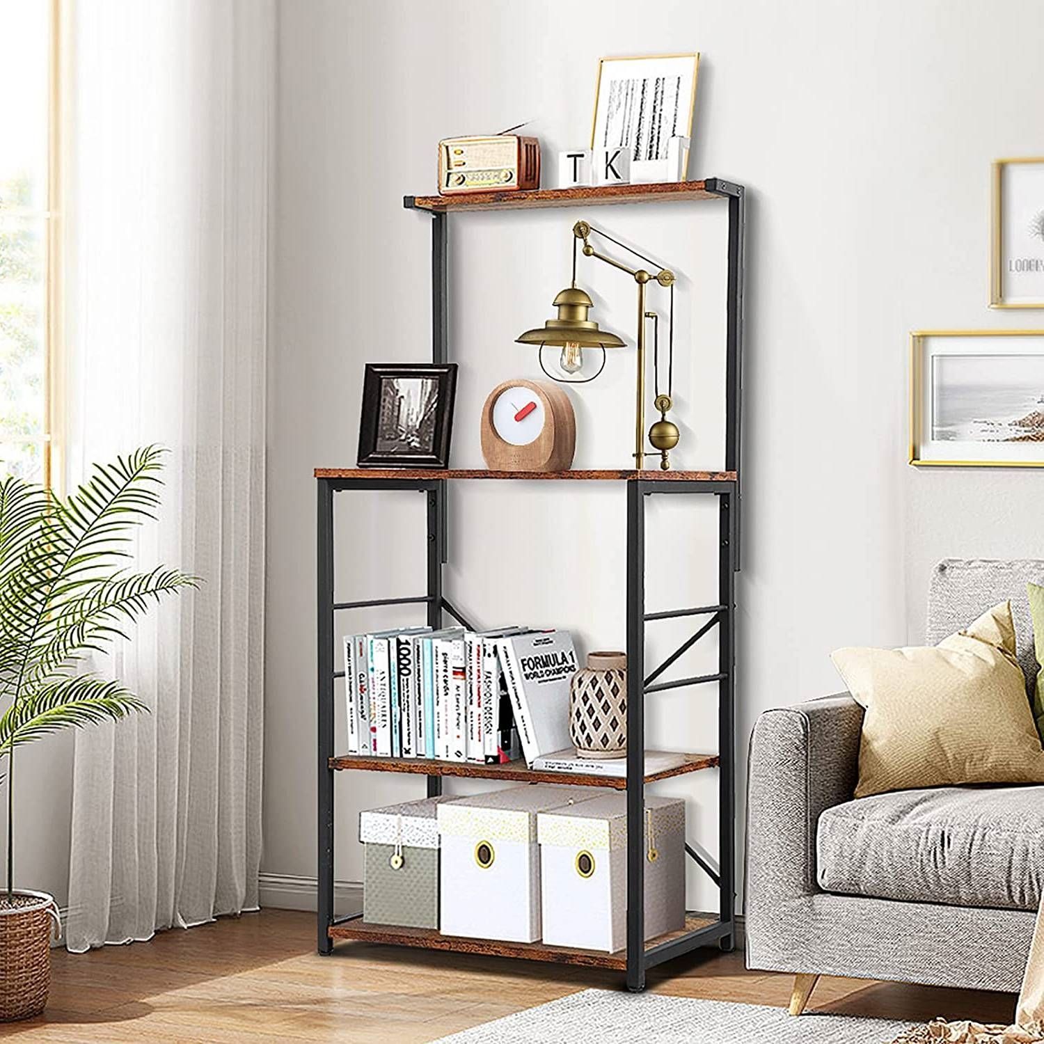 Black Metal 4-Shelf Rustic Brown Wood Kitchen Baker's Rack Microwave Stand - FREE SHIPPING