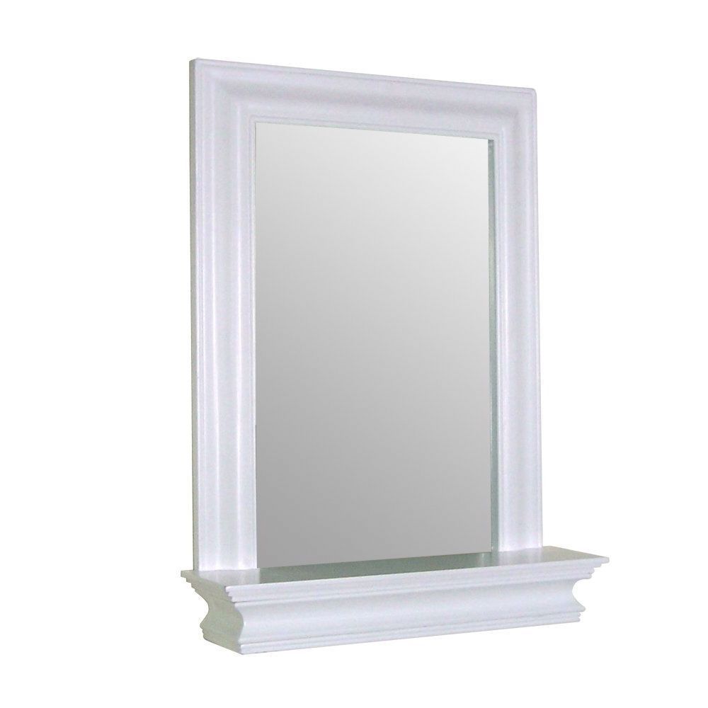 Framed Bathroom Mirror Rectangular Shape with Bottom Shelf in White Wood Finish - FRE SHIPPING