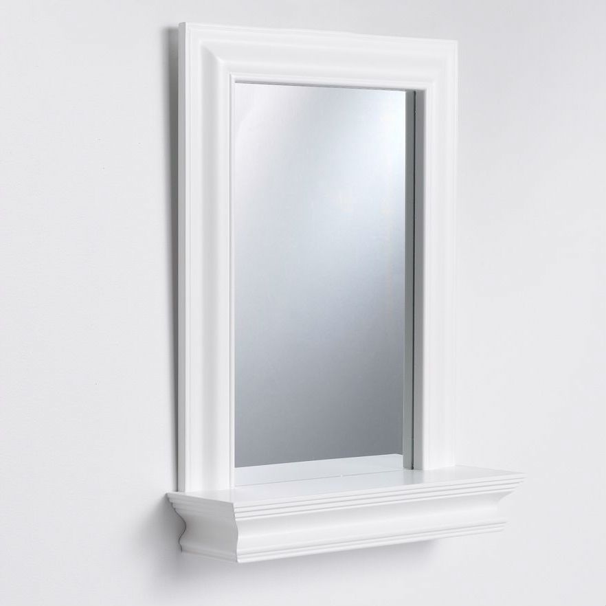 Framed Bathroom Mirror Rectangular Shape with Bottom Shelf in White Wood Finish - FRE SHIPPING