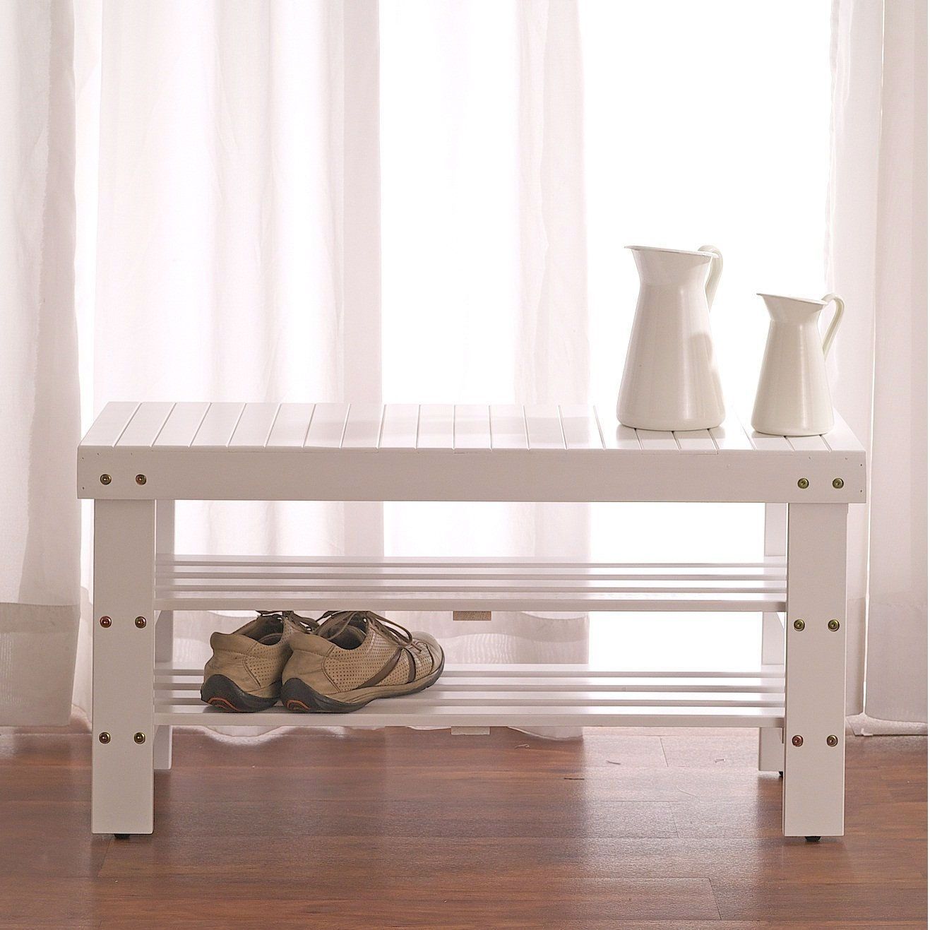 Solid Wood Shoe Rack Entryway Storage Bench in White - FREE SHIPPING