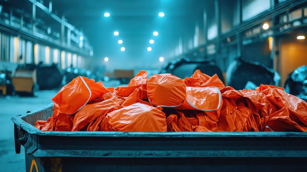 Pile of red medical trash bags in a cart at a facility