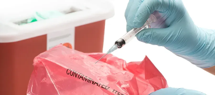 Gloved hand holding syringe over red biohazard bag, next to a sharps container.