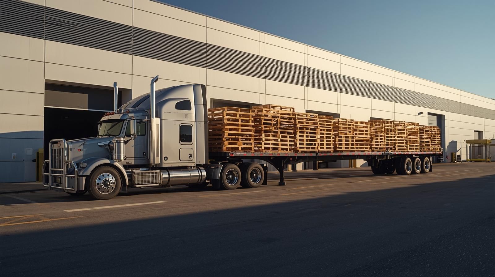 Semi-truck loaded with wooden pallets parked outside a warehouse on a sunny day.