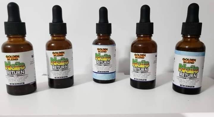 Five brown dropper bottles labeled 
