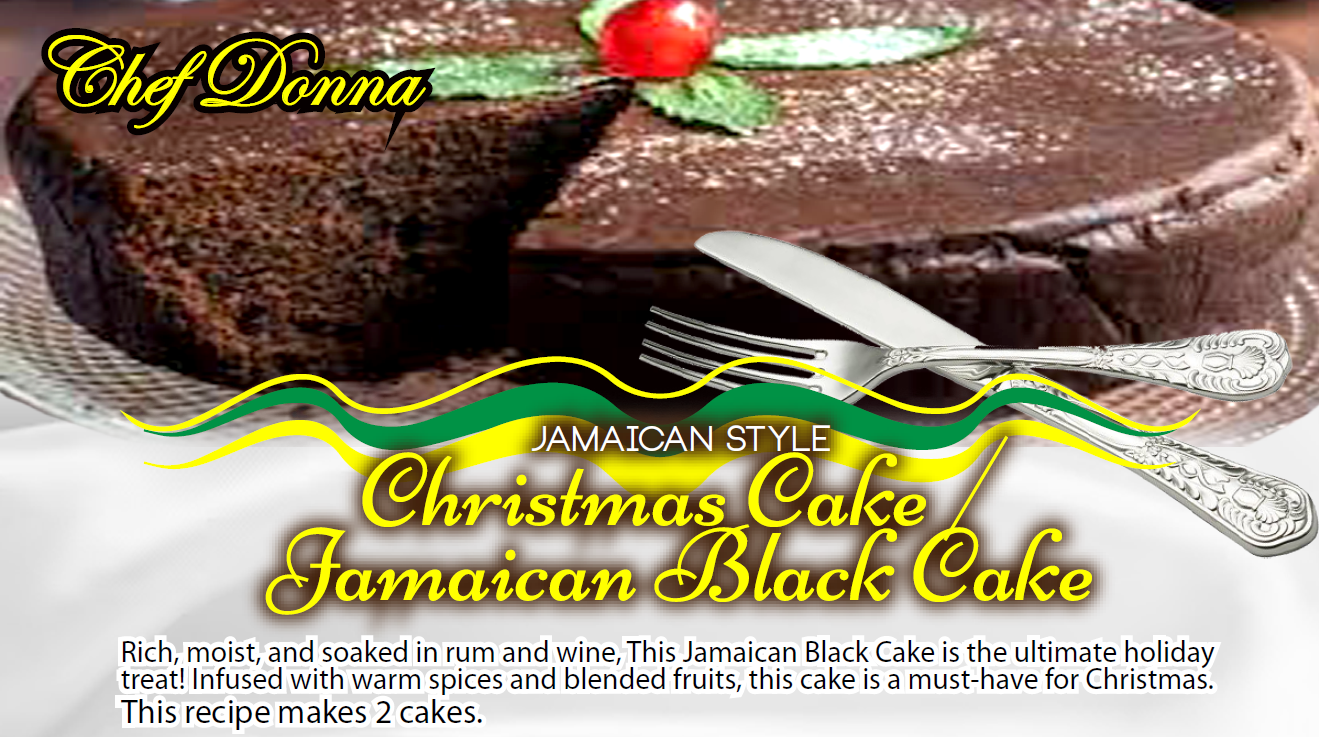 Jamaican Black Cake. Dark cake decorated with a cherry. Knife and fork on the plate.