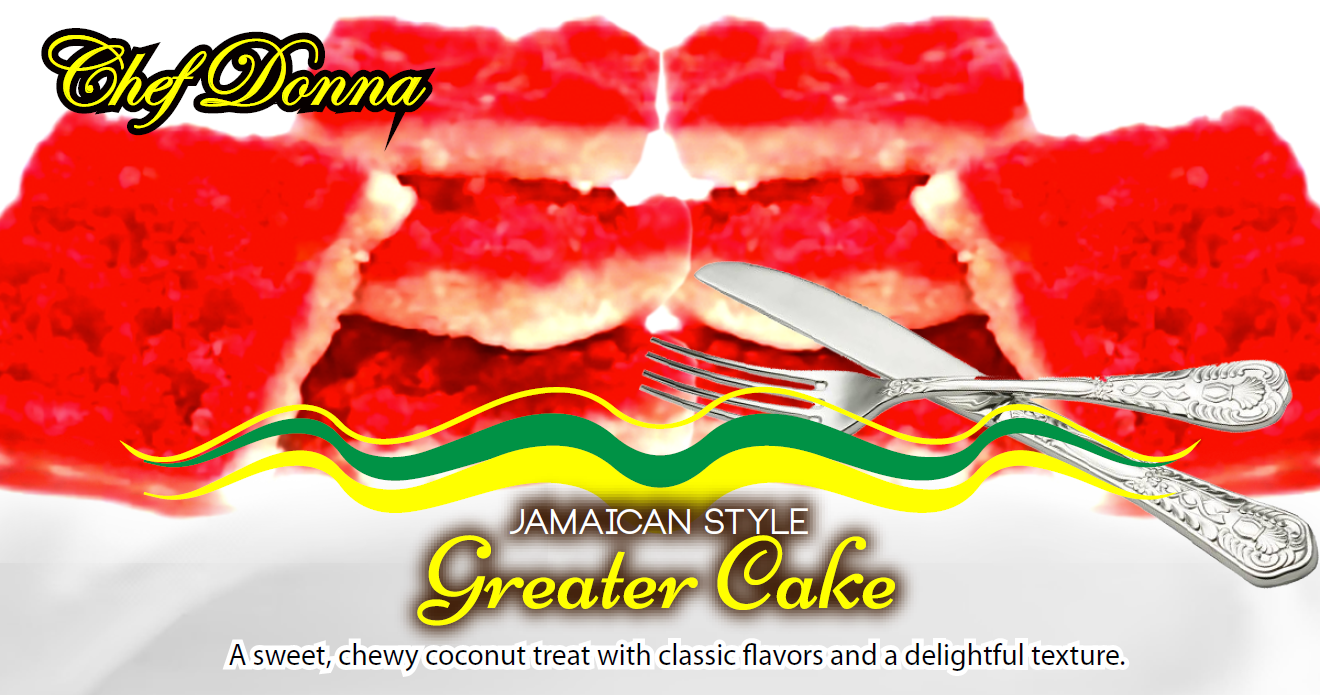 Jamaican-style Greater Cake, red and white, with fork and knife, by Chef Donna.