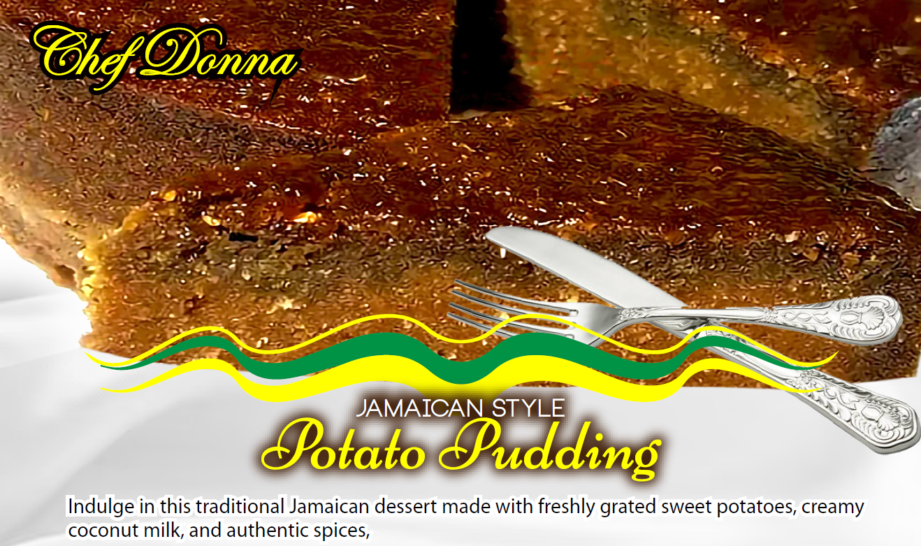 Jamaican style potato pudding, brown cake with a serving cut out, fork and knife on white.