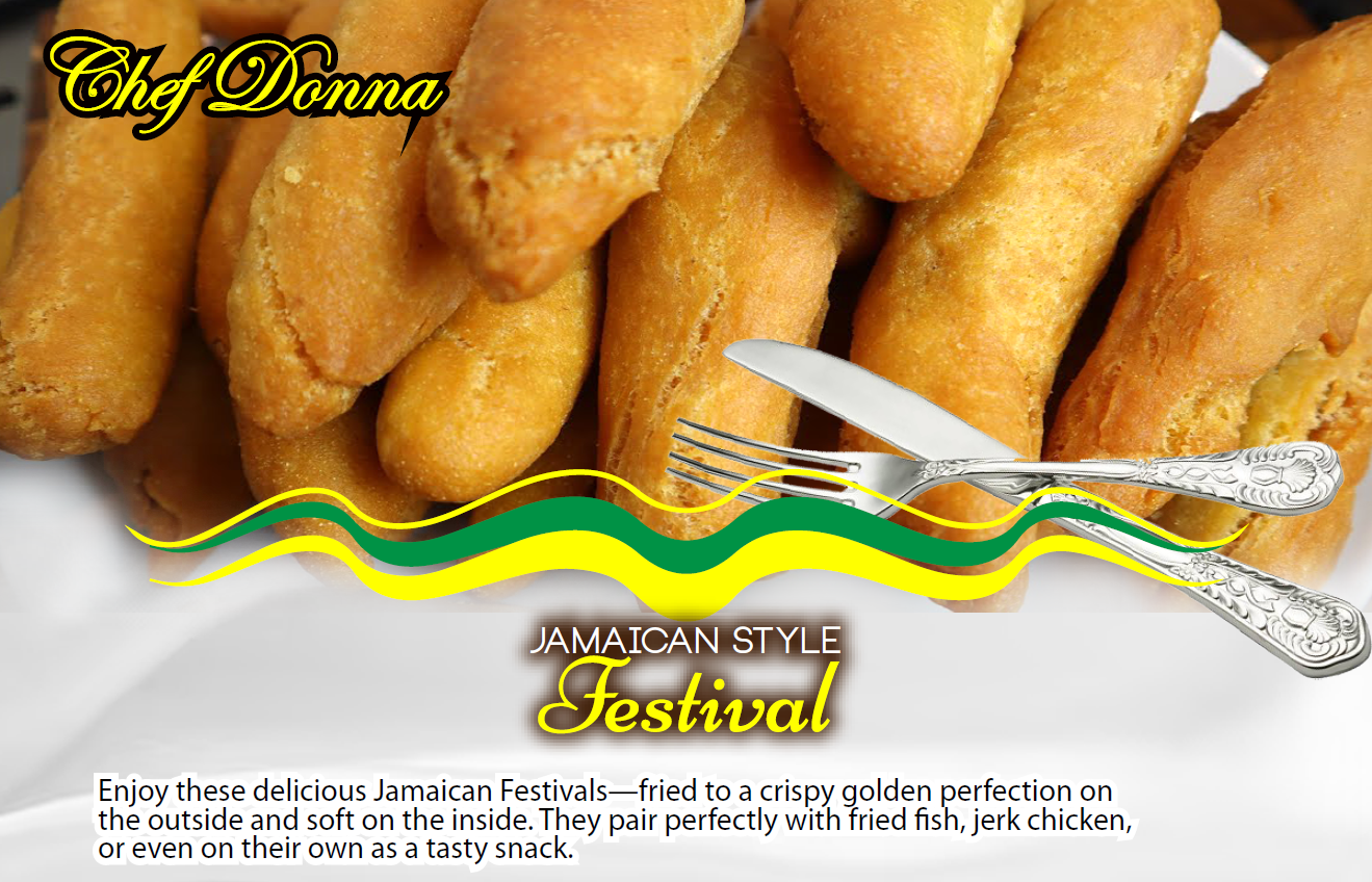 Close-up of golden Jamaican festival food, with fork and knife, on a plate, with text and logo.
