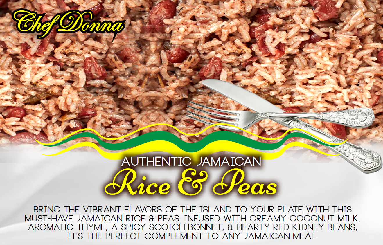 Close-up of Jamaican Rice & Peas with text: Authentic Jamaican Rice & Peas by Chef Donna.