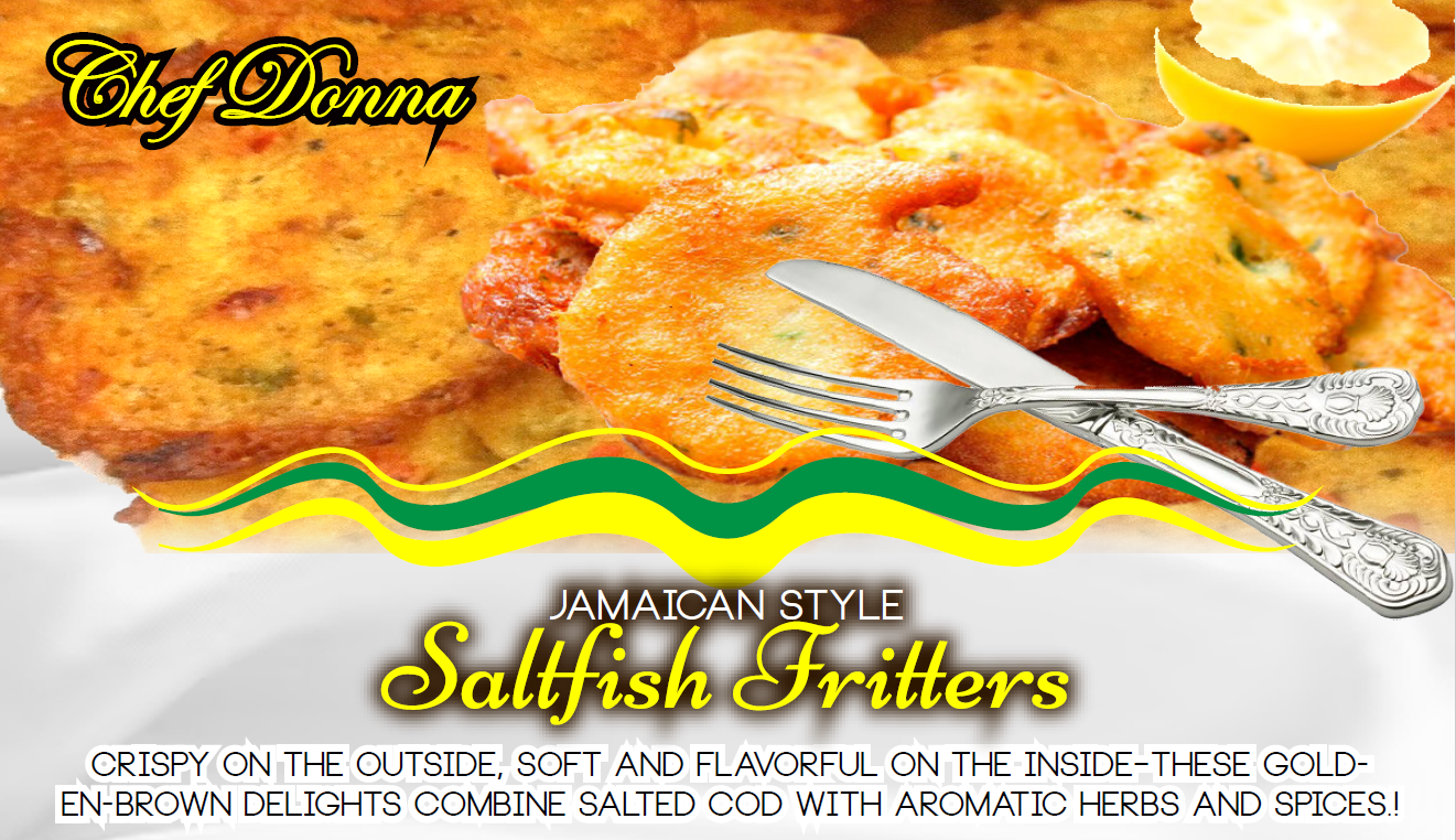 Saltfish fritters with knife and fork, Jamaican style food advertisement.