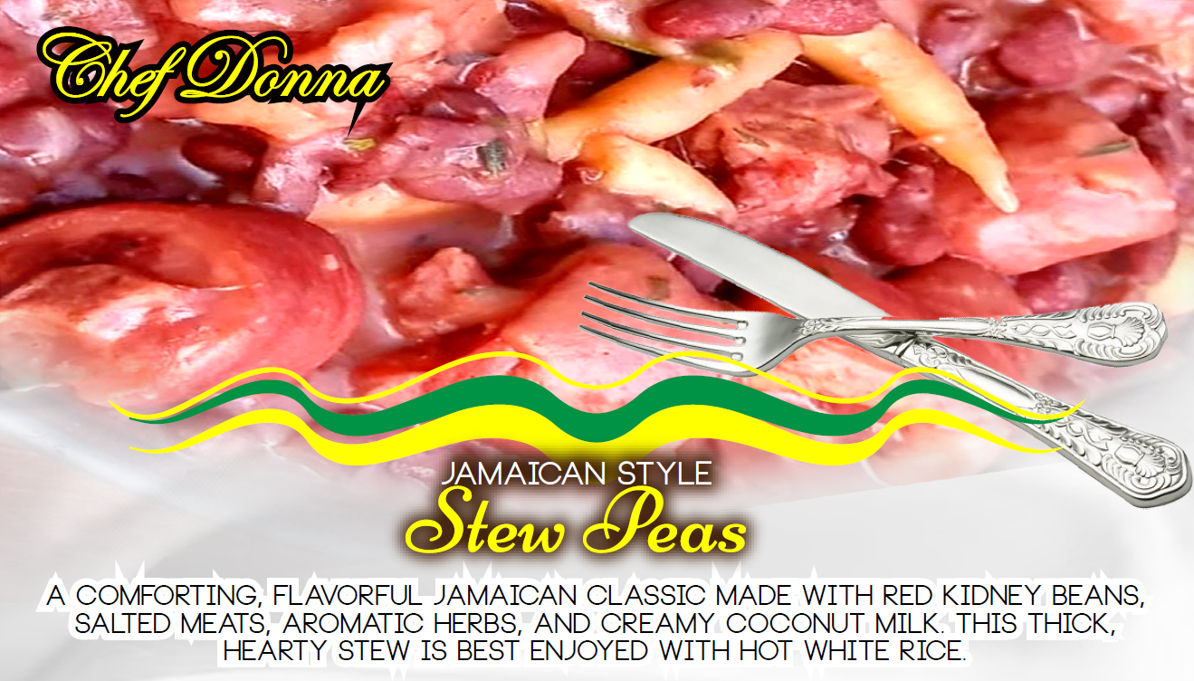 Jamaican-style stew peas: Red kidney beans, salted meats, and herbs, with a fork and knife.