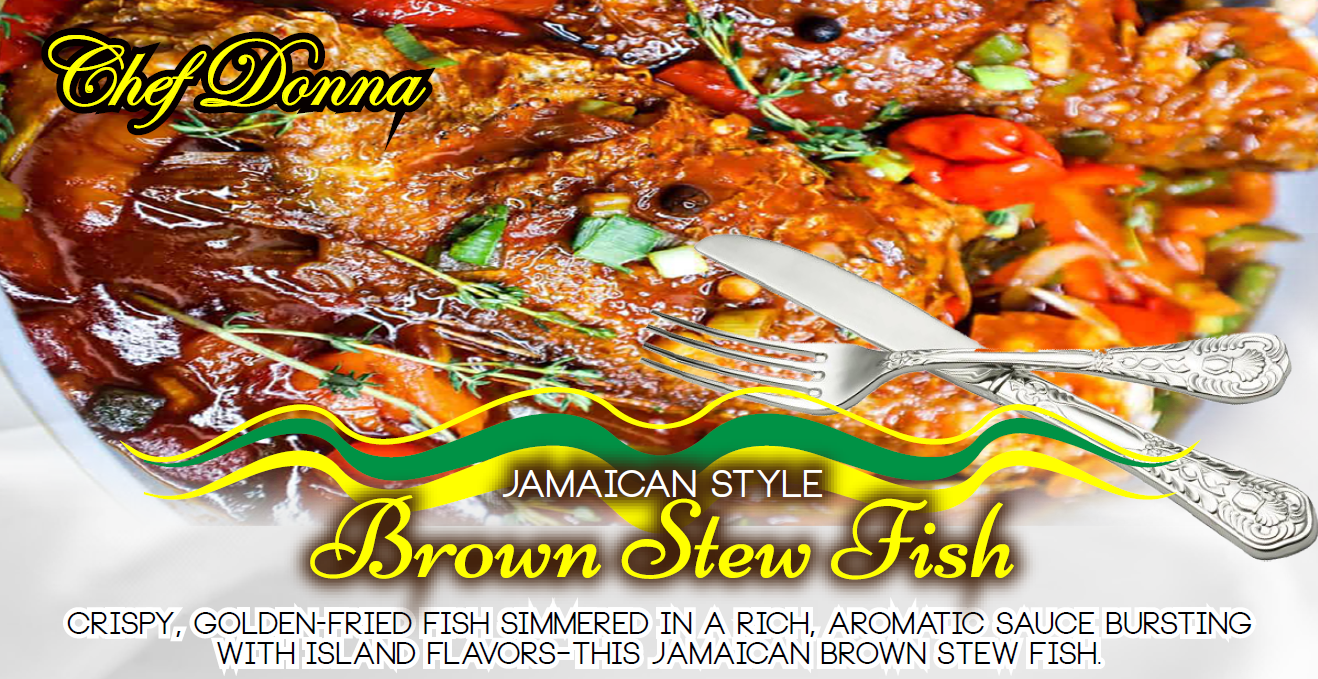 Brown stew fish with vegetables; the dish is presented with a fork and knife.