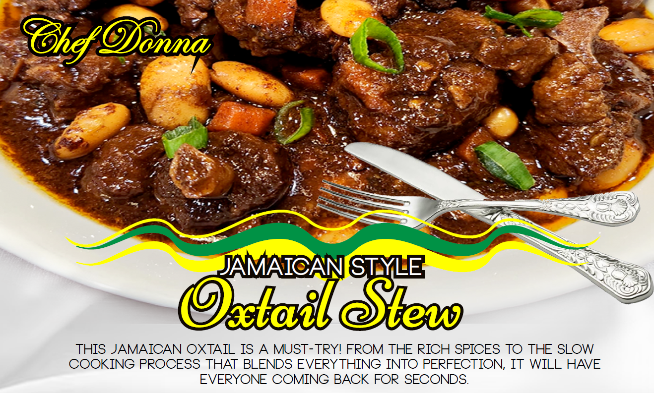 Plate of Jamaican oxtail stew, fork and knife, with text 