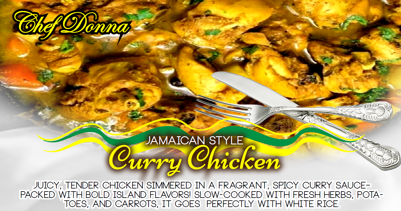 Curry chicken dish with text 