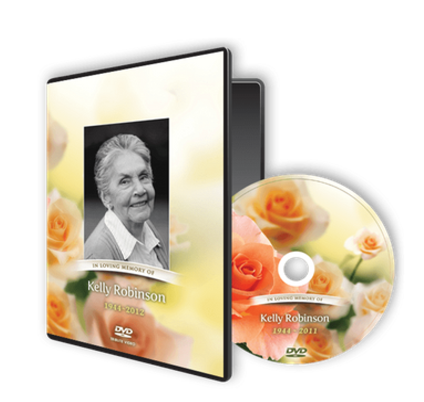 Memorial DVD case and disc with a black-and-white portrait, white floral background, and orange roses