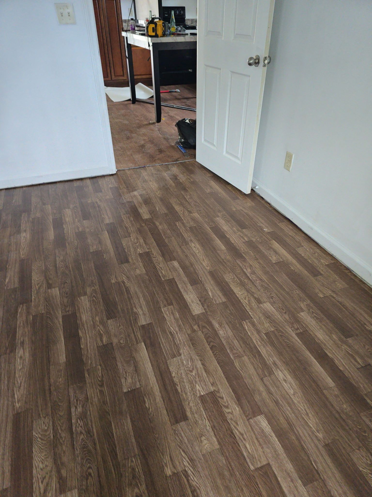 Room with dark brown wood-look flooring and a partially open white door. White walls surround.
