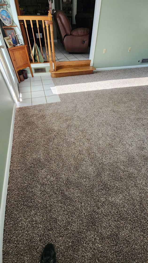 Brown carpeted floor leads to a doorway with steps. A recliner is visible in the background.