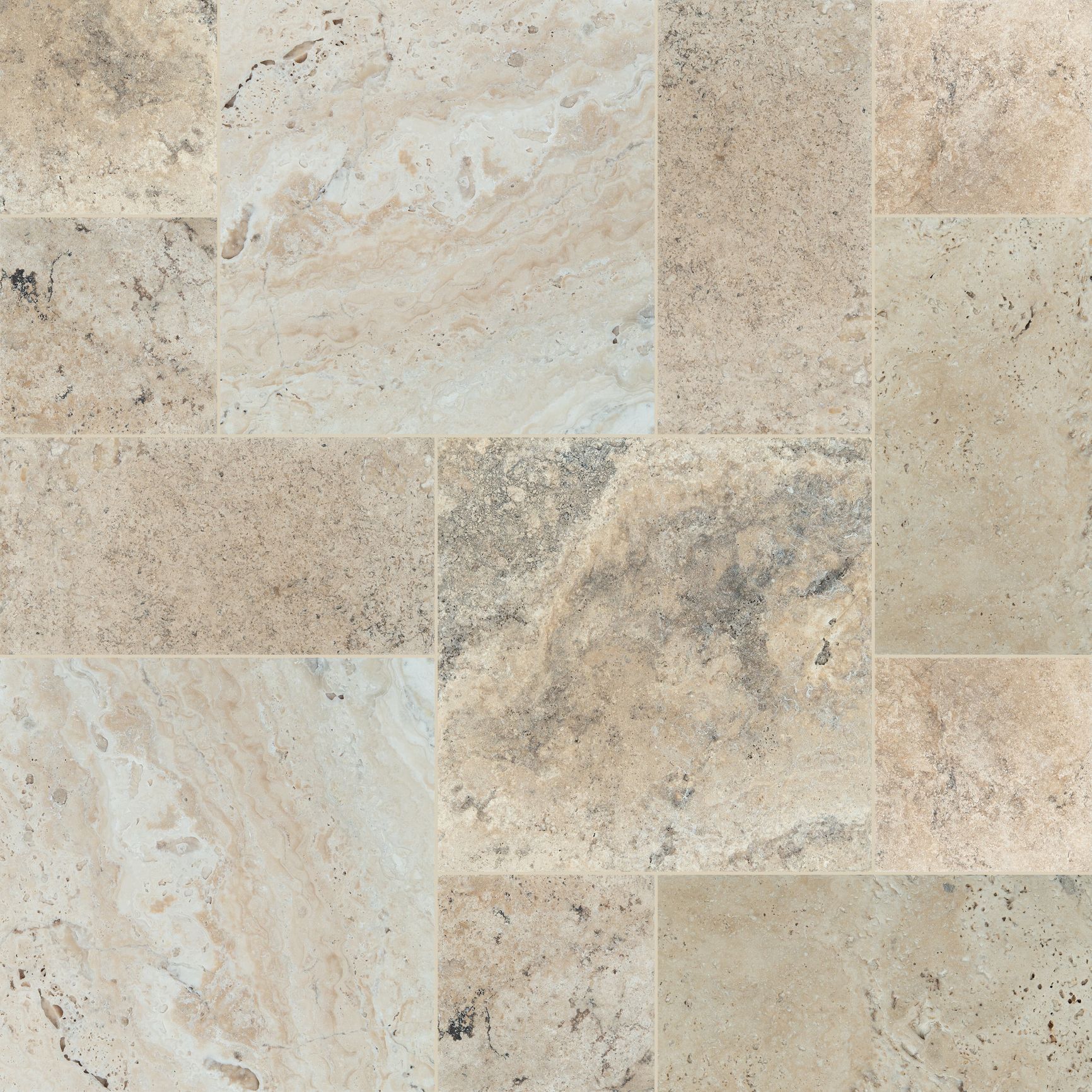 Stone-look tile flooring in shades of beige, tan, and gray, with a variety of rectangular and square tiles.