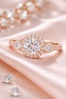 A sparkling rose gold engagement ring with a round center stone and halo, resting on soft, draped pink satin fabric.