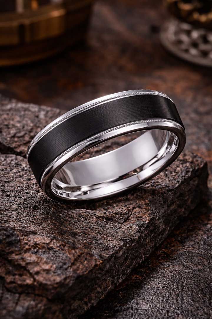 A black metal ring with silver edges and textured detail resting on a dark, rough stone surface.