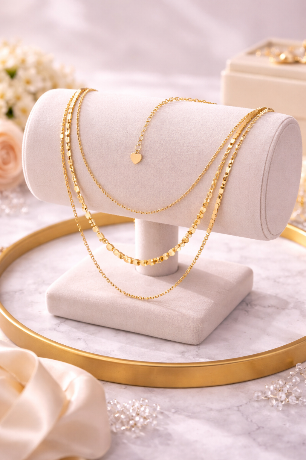 Gold layered chain necklace displayed on a velvet jewelry stand atop a marble tray with flowers.